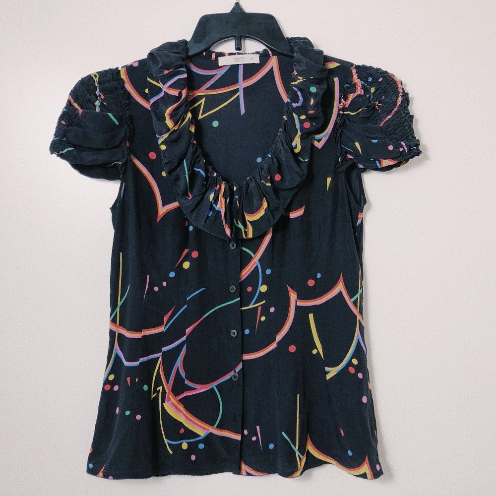 Prada black 80s pattern short cap sleeve ruffle